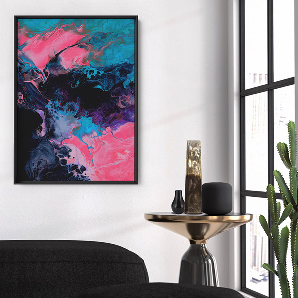 Abstract Fluid Paint in Turquoise & Pinks - Art Print, Poster, Stretched Canvas or Framed Wall Art, shown framed in a home interior space