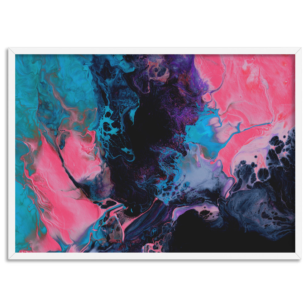 Abstract Fluid Paint in Turquoise & Pinks - Art Print, Poster, Stretched Canvas, or Framed Wall Art Print, shown in a white frame