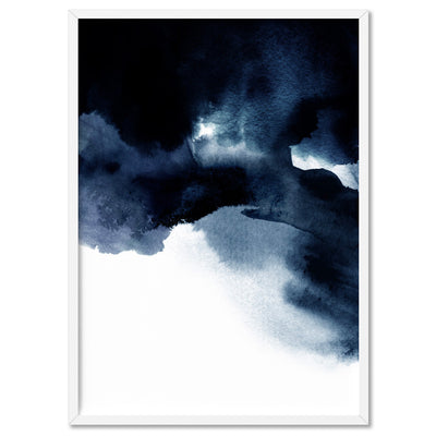 Abstract Watercolour Navy Indigo Clouds I - Art Print, Poster, Stretched Canvas, or Framed Wall Art Print, shown in a white frame