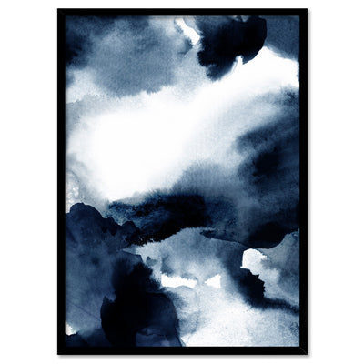 Abstract Watercolour Navy Indigo Clouds II - Art Print, Poster, Stretched Canvas, or Framed Wall Art Print, shown in a black frame
