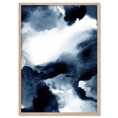 Abstract Watercolour Navy Indigo Clouds II - Art Print, Poster, Stretched Canvas, or Framed Wall Art Print, shown in a natural timber frame