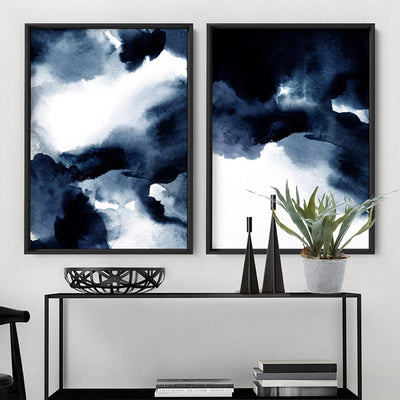 Abstract Watercolour Navy Indigo Clouds II - Art Print, Poster, Stretched Canvas or Framed Wall Art, shown framed in a home interior space