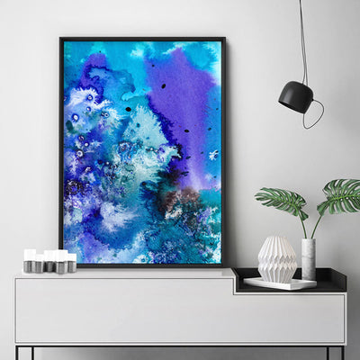 Abstract Watercolour Into the Blue II - Art Print, Poster, Stretched Canvas or Framed Wall Art, shown framed in a room