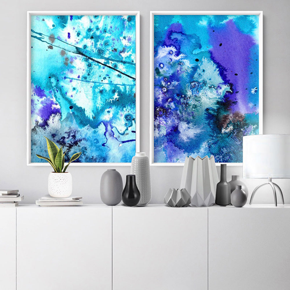Abstract Watercolour Into the Blue II - Art Print, Poster, Stretched Canvas or Framed Wall Art, shown framed in a home interior space