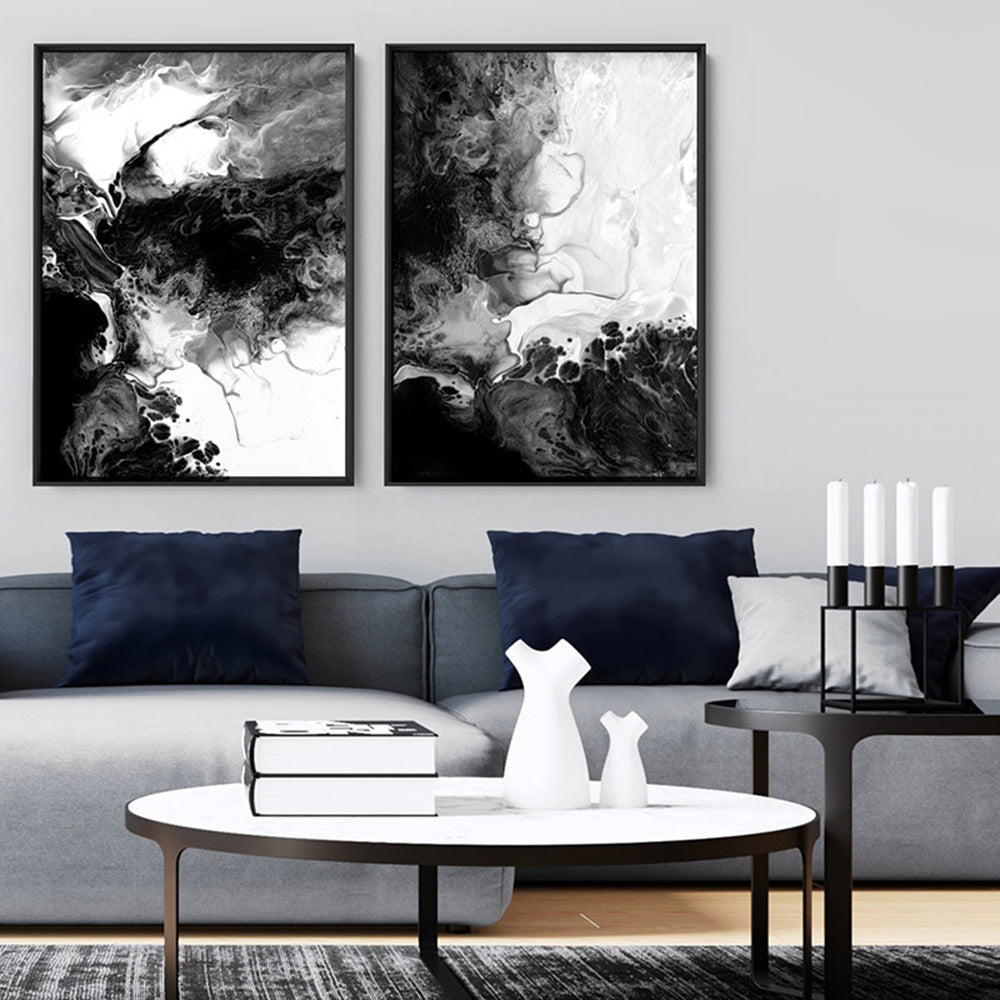 Abstract Fluid Monochrome II - Art Print, Poster, Stretched Canvas or Framed Wall Art, shown framed in a home interior space
