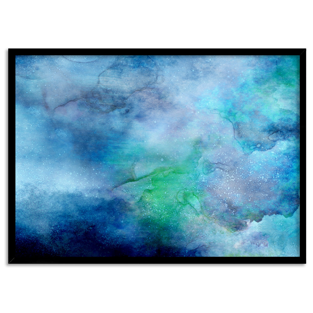 Abstract Watercolour & Ink Blue Depths - Art Print, Poster, Stretched Canvas, or Framed Wall Art Print, shown in a black frame