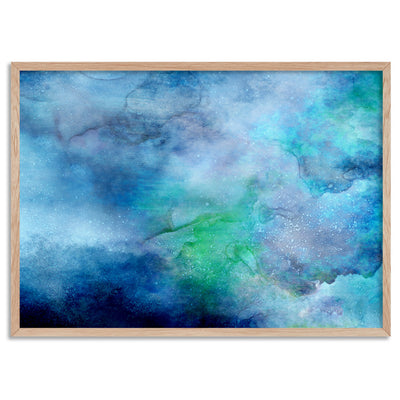 Abstract Watercolour & Ink Blue Depths - Art Print, Poster, Stretched Canvas, or Framed Wall Art Print, shown in a natural timber frame