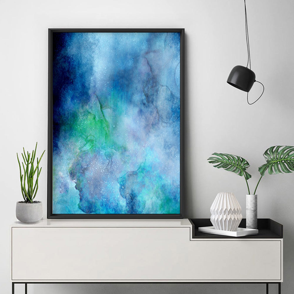 Abstract Watercolour & Ink Blue Depths - Art Print, Poster, Stretched Canvas or Framed Wall Art, shown framed in a room