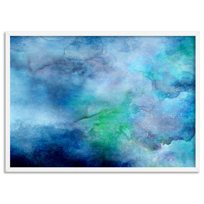 Abstract Watercolour & Ink Blue Depths - Art Print, Poster, Stretched Canvas, or Framed Wall Art Print, shown in a white frame