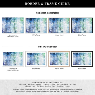 Distressed Blues & Greens Abstract - Art Print, Poster, Stretched Canvas or Framed Wall Art, Showing White , Black, Natural Frame Colours, No Frame (Unframed) or Stretched Canvas, and With or Without White Borders