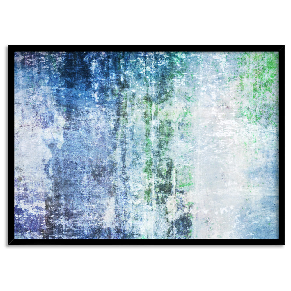 Distressed Blues & Greens Abstract - Art Print, Poster, Stretched Canvas, or Framed Wall Art Print, shown in a black frame