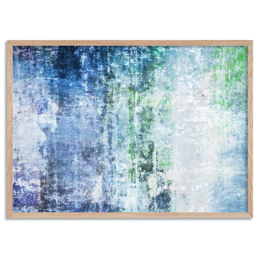 Distressed Blues & Greens Abstract - Art Print, Poster, Stretched Canvas, or Framed Wall Art Print, shown in a natural timber frame
