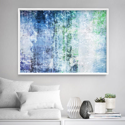 Distressed Blues & Greens Abstract - Art Print, Poster, Stretched Canvas or Framed Wall Art Prints, shown framed in a room