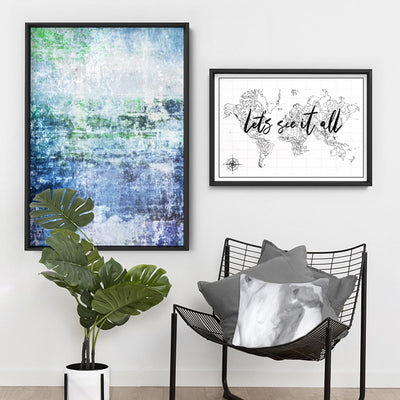 Distressed Blues & Greens Abstract - Art Print, Poster, Stretched Canvas or Framed Wall Art, shown framed in a home interior space