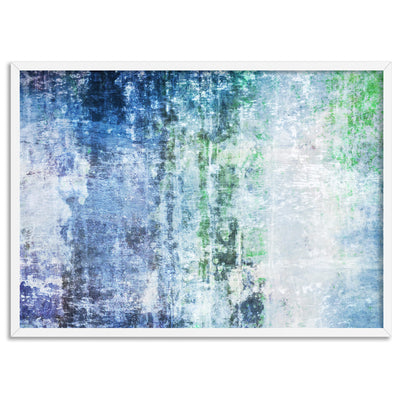 Distressed Blues & Greens Abstract - Art Print, Poster, Stretched Canvas, or Framed Wall Art Print, shown in a white frame