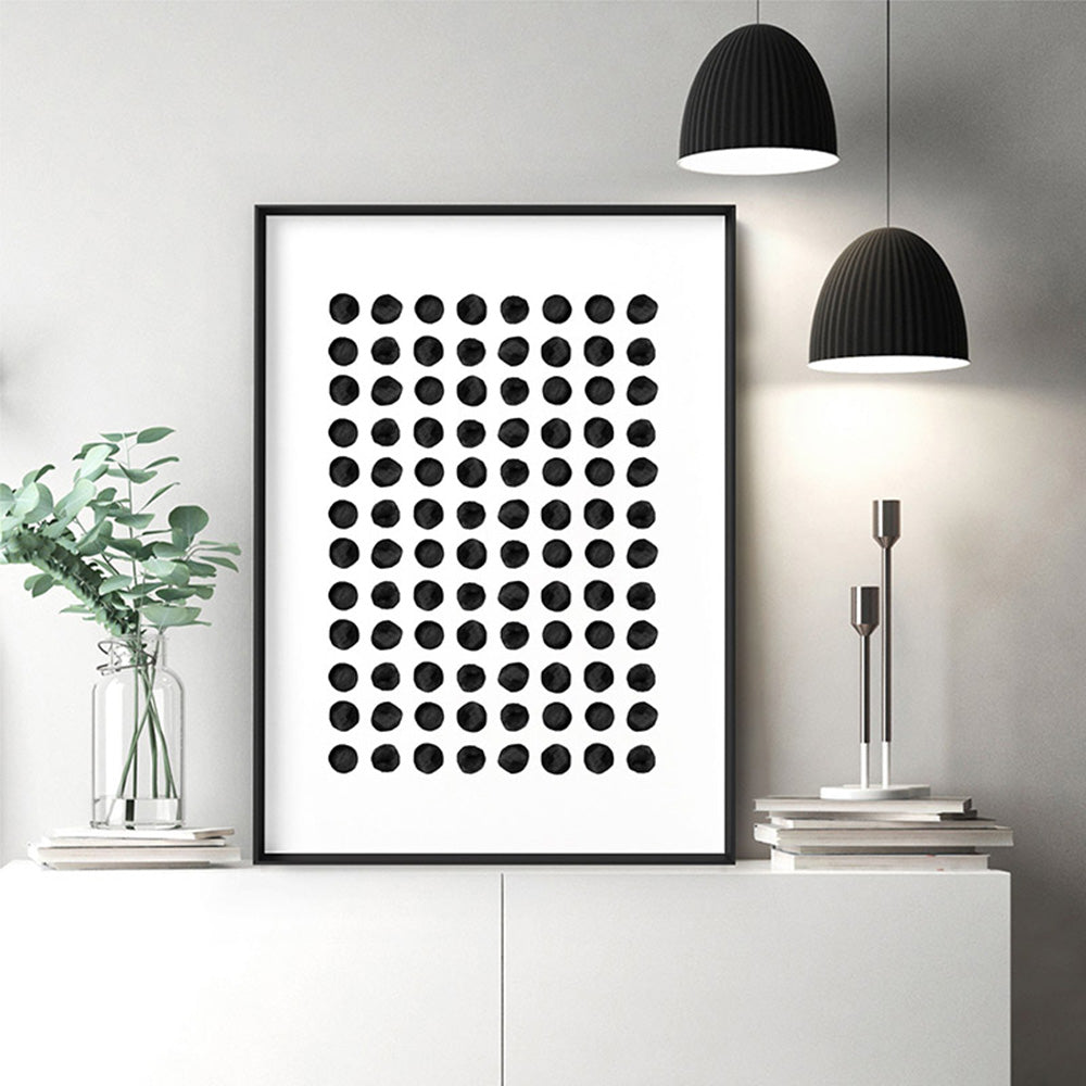 Abstract Monochrome | Spots - Art Print, Poster, Stretched Canvas or Framed Wall Art Prints, shown framed in a room