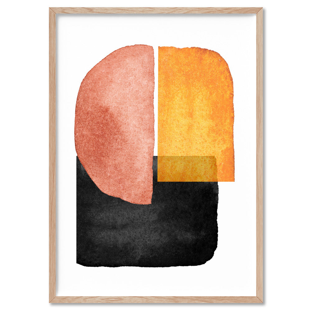 Abstract Mid Century | Terracotta on Black II - Art Print, Poster, Stretched Canvas, or Framed Wall Art Print, shown in a natural timber frame