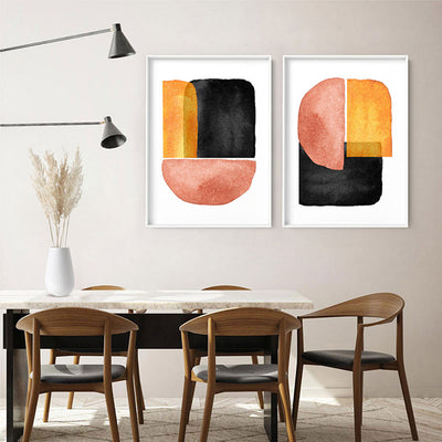 Abstract Mid Century | Terracotta on Black II - Art Print, Poster, Stretched Canvas or Framed Wall Art, shown framed in a home interior space
