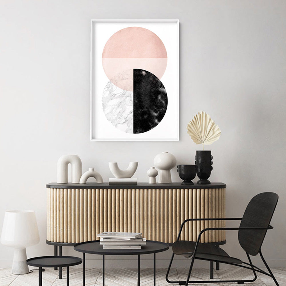 Abstract Moons | Geometric Circles I - Art Print, Poster, Stretched Canvas or Framed Wall Art, shown framed in a room