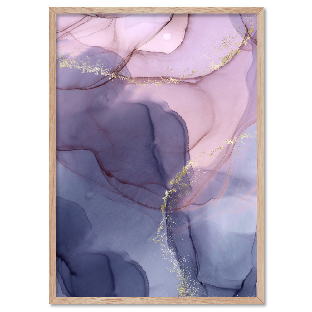 Watercolour Inks | Pink & Purple II - Art Print, Poster, Stretched Canvas, or Framed Wall Art Print, shown in a natural timber frame