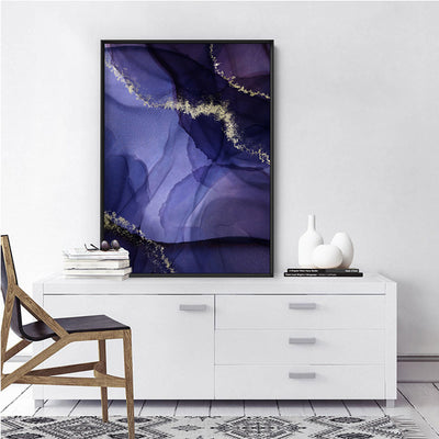 Watercolour Inks | Navy & Purple II - Art Print, Poster, Stretched Canvas or Framed Wall Art, shown framed in a room