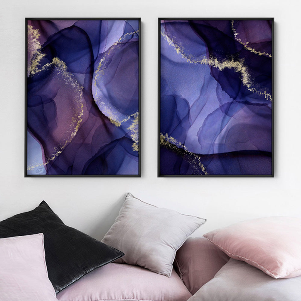 Watercolour Inks | Navy & Purple II - Art Print, Poster, Stretched Canvas or Framed Wall Art, shown framed in a home interior space