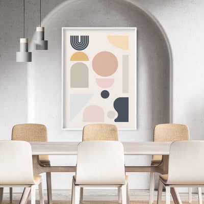 Mid Century Geo Shapes II - Art Print, Poster, Stretched Canvas or Framed Wall Art Prints, shown framed in a room