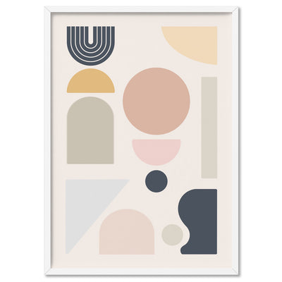 Mid Century Geo Shapes II - Art Print, Poster, Stretched Canvas, or Framed Wall Art Print, shown in a white frame