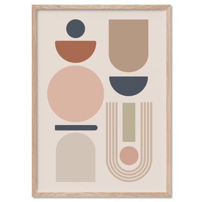 Mid Century Geo Shapes III - Art Print, Poster, Stretched Canvas, or Framed Wall Art Print, shown in a natural timber frame