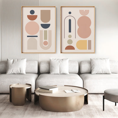 Mid Century Geo Shapes III - Art Print, Poster, Stretched Canvas or Framed Wall Art, shown framed in a home interior space