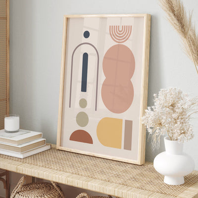 Mid Century Geo Shapes IV - Art Print, Poster, Stretched Canvas or Framed Wall Art Prints, shown framed in a room
