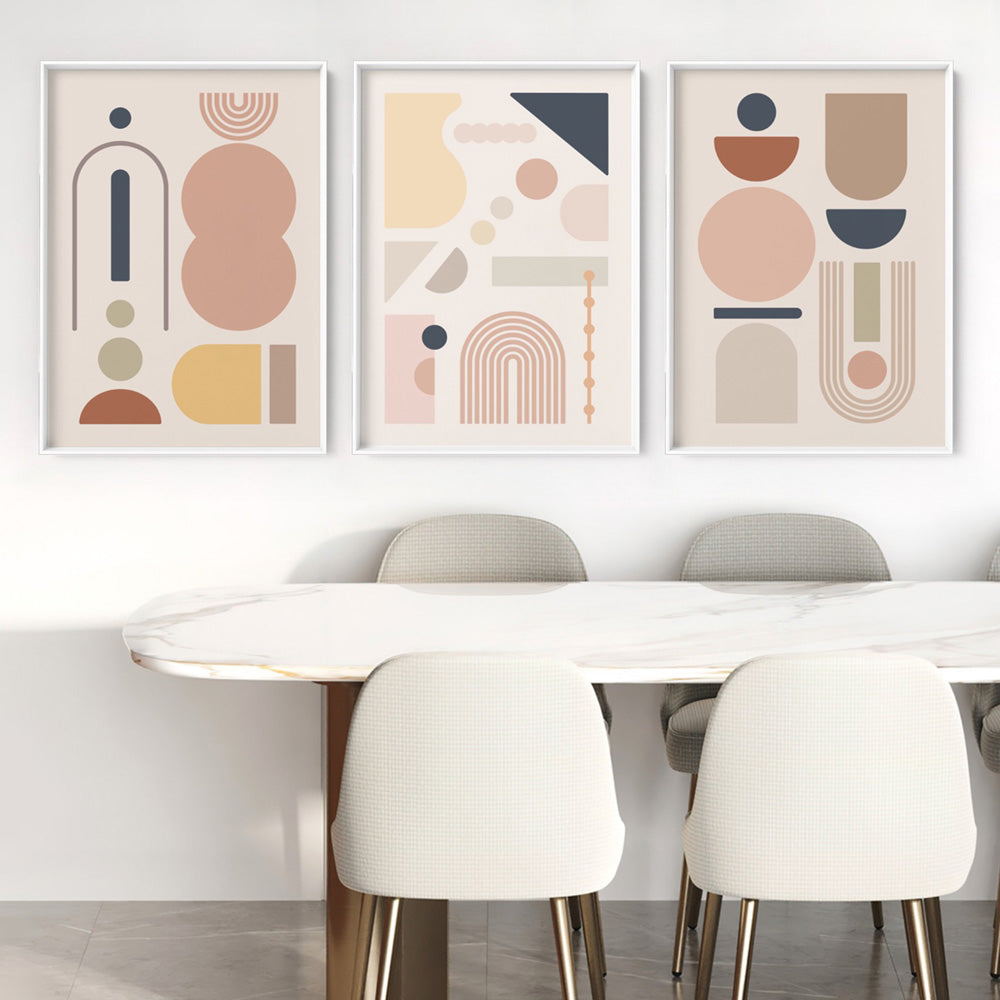 Mid Century Geo Shapes IV - Art Print, Poster, Stretched Canvas or Framed Wall Art, shown framed in a home interior space