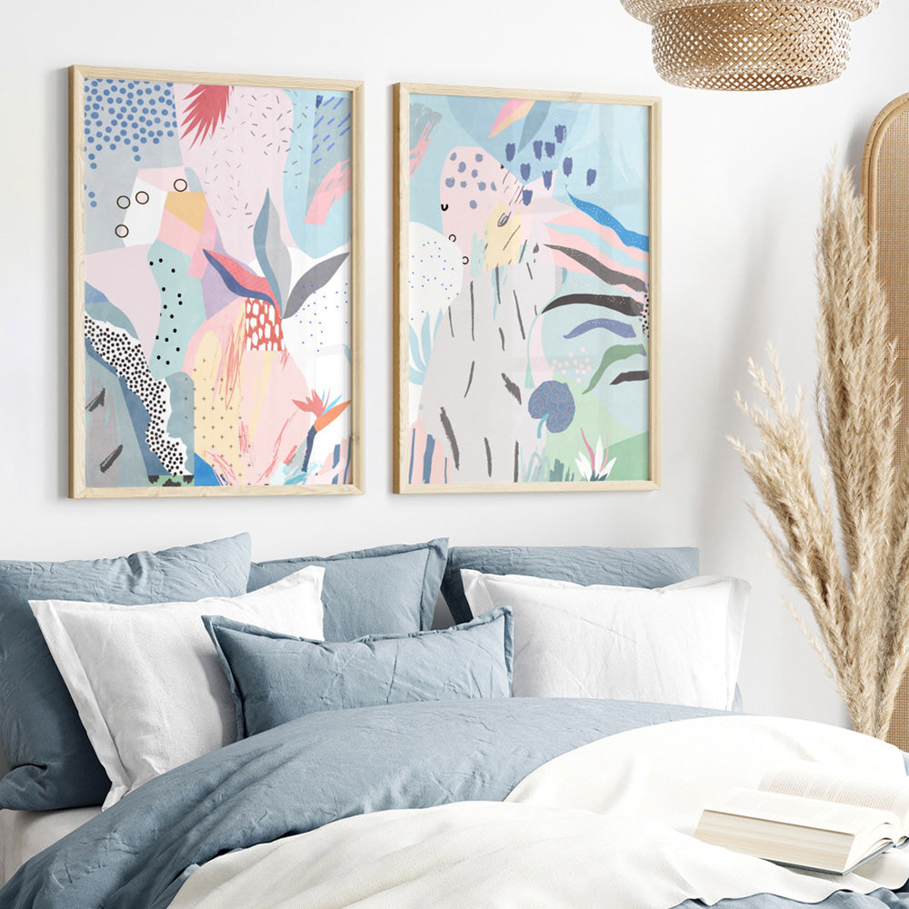 Abstract Geo Pastel Gardens I - Art Print, Poster, Stretched Canvas or Framed Wall Art, shown framed in a home interior space