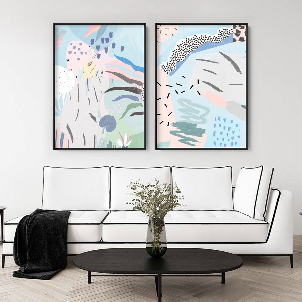 Abstract Geo Pastel Gardens II - Art Print, Poster, Stretched Canvas or Framed Wall Art, shown framed in a home interior space