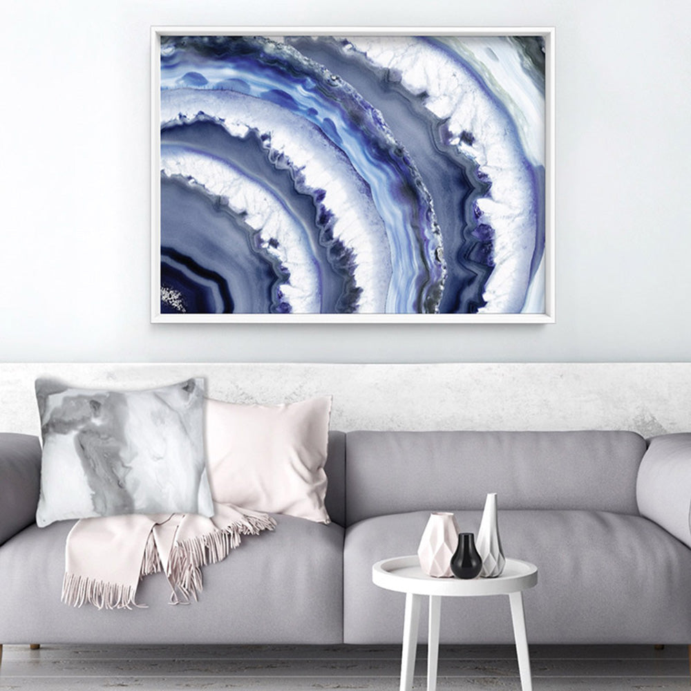 Agate Slice Geode Purple - Art Print, Poster, Stretched Canvas or Framed Wall Art, shown framed in a room