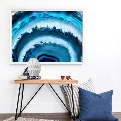 Agate Slice Geode Turquoise - Art Print, Poster, Stretched Canvas or Framed Wall Art, shown framed in a room