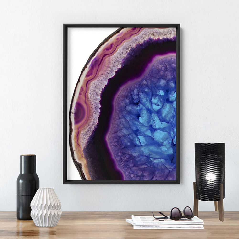 Agate Slice Geode Multicolour I - Art Print, Poster, Stretched Canvas or Framed Wall Art, shown framed in a room