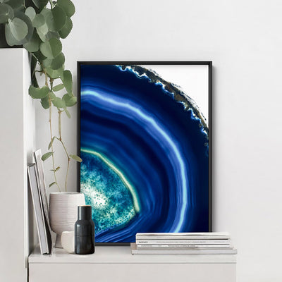Agate Slice Geode Indigo II - Art Print, Poster, Stretched Canvas or Framed Wall Art, shown framed in a room