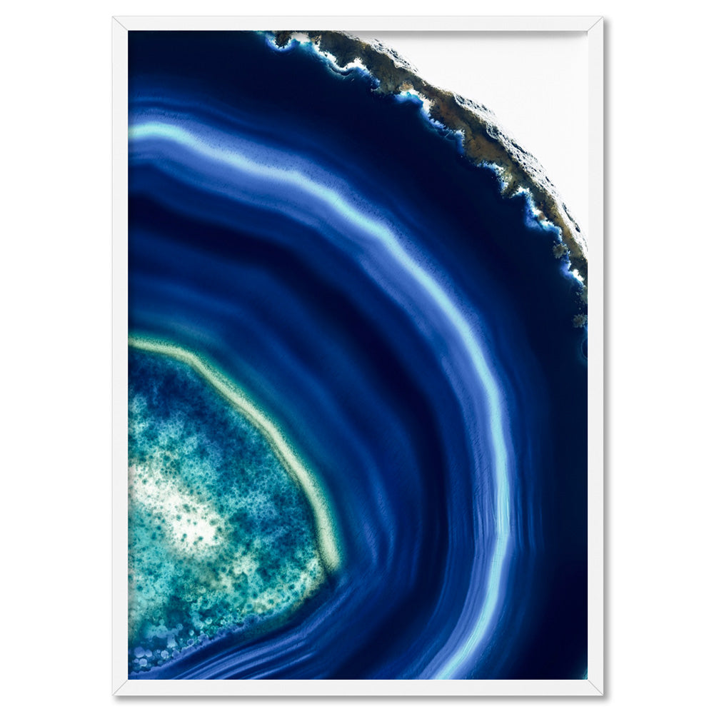 Agate Slice Geode Indigo II - Art Print, Poster, Stretched Canvas, or Framed Wall Art Print, shown in a white frame