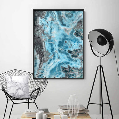 Larimar Slice Stone in Turquoise Watercolour - Art Print, Poster, Stretched Canvas or Framed Wall Art Prints, shown framed in a room