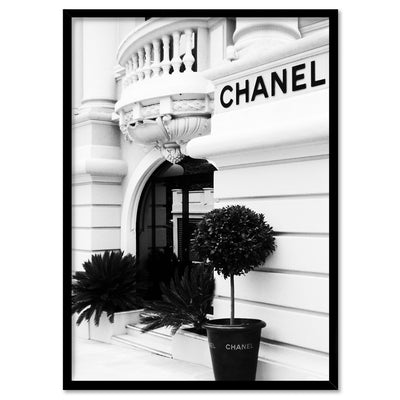 Designer Store Front Monaco Portrait - Art Print, Poster, Stretched Canvas, or Framed Wall Art Print, shown in a black frame