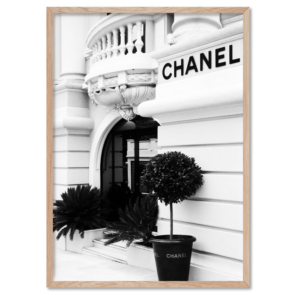 Designer Store Front Monaco Portrait - Art Print, Poster, Stretched Canvas, or Framed Wall Art Print, shown in a natural timber frame