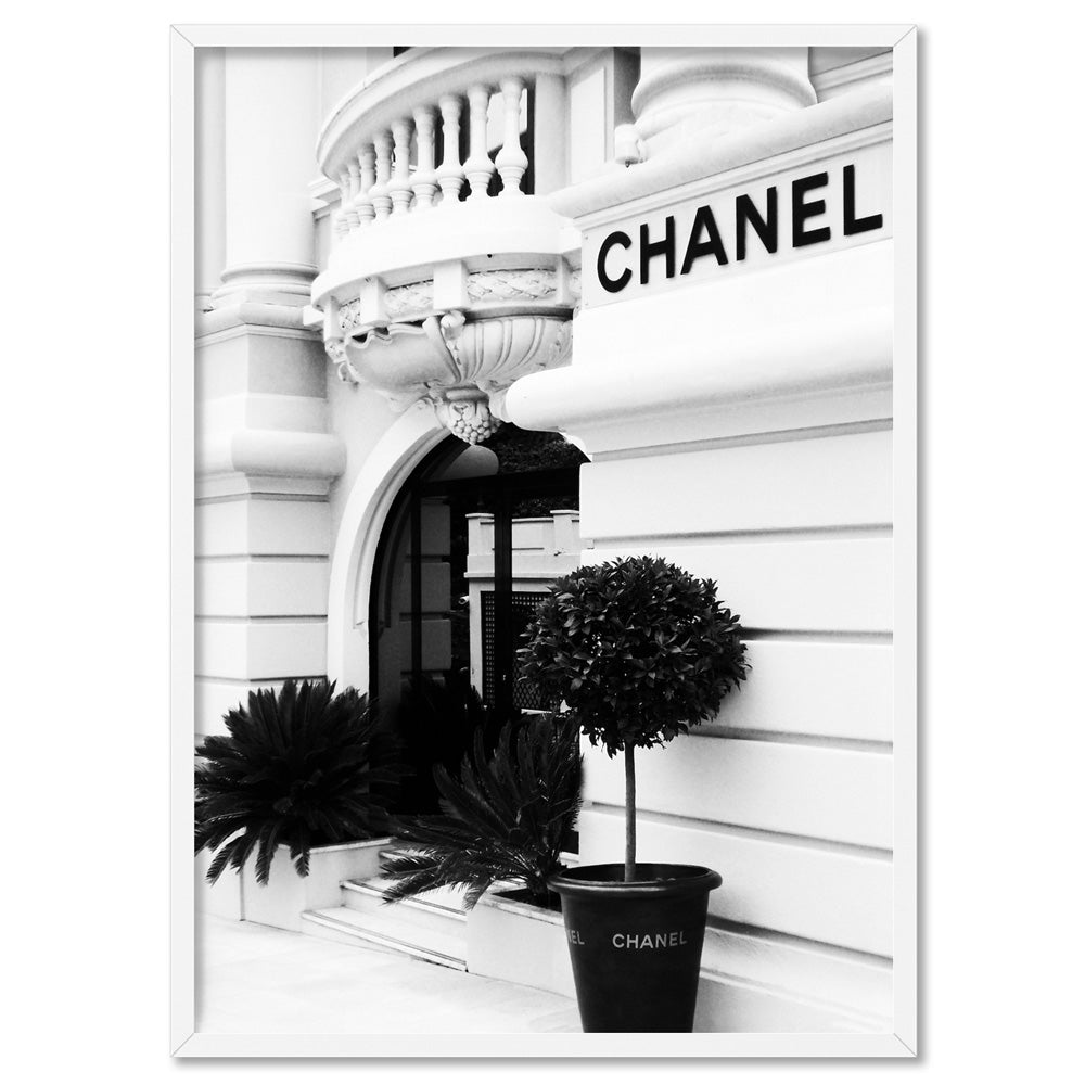 Designer Store Front Monaco Portrait - Art Print, Poster, Stretched Canvas, or Framed Wall Art Print, shown in a white frame