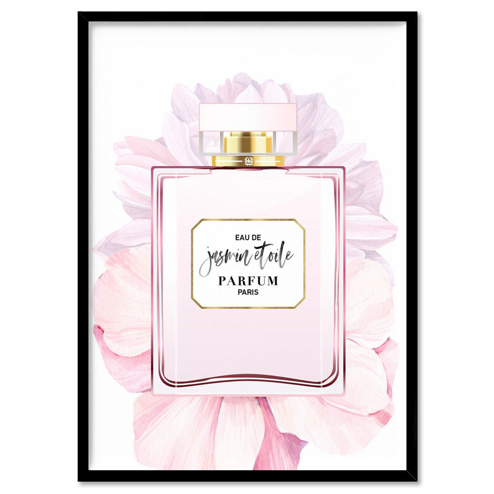 Perfume Bottle Floral III - Art Print, Poster, Stretched Canvas, or Framed Wall Art Print, shown in a black frame