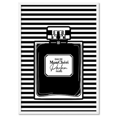 Perfume Bottle Stripes Monochrome - Art Print, Poster, Stretched Canvas, or Framed Wall Art Print, shown in a white frame