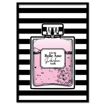 Perfume Bottle Stripes & Pink - Art Print, Poster, Stretched Canvas, or Framed Wall Art Print, shown in a black frame