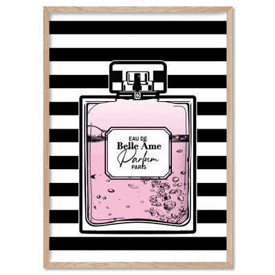 Perfume Bottle Stripes & Pink - Art Print, Poster, Stretched Canvas, or Framed Wall Art Print, shown in a natural timber frame