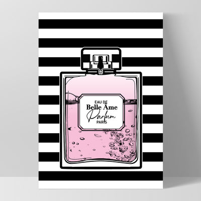 Perfume Bottle Stripes & Pink - Art Print, Poster, Stretched Canvas, or Framed Wall Art Print, shown as a stretched canvas or poster without a frame