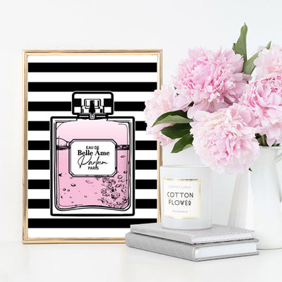 Perfume Bottle Stripes & Pink - Art Print, Poster, Stretched Canvas or Framed Wall Art, shown framed in a room