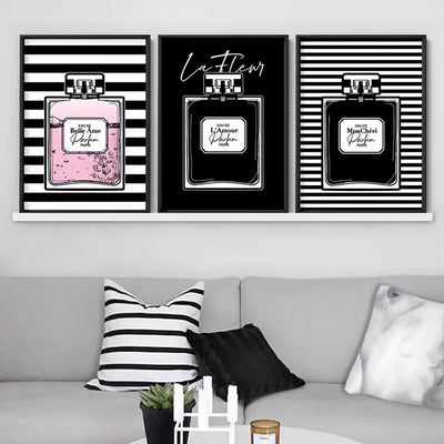 Perfume Bottle Stripes & Pink - Art Print, Poster, Stretched Canvas or Framed Wall Art, shown framed in a home interior space